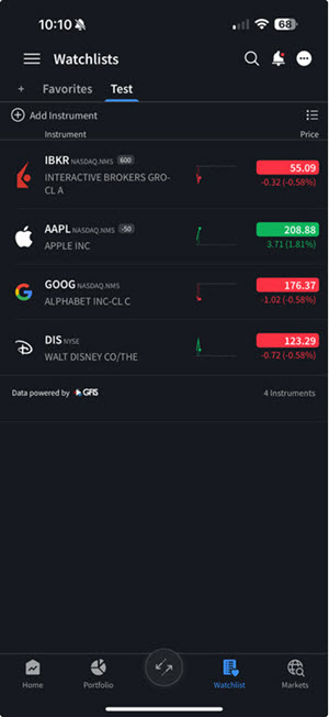 The simplified watchlist list view on the iPhone